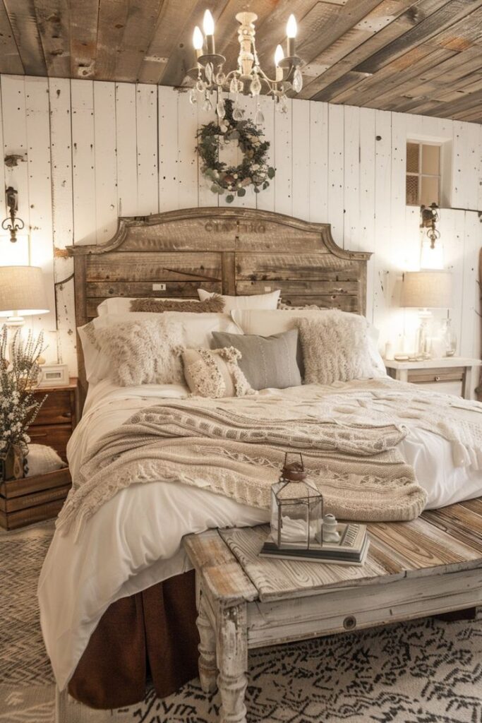 _ - 2025-12-10T134533099 Cozy rustic bedroom with a wooden headboard, chandelier lighting, and decorative wreath, creating a warm, farmhouse-style ambiance. | Sky Rye Design Cozy rustic bedroom with a wooden headboard, chandelier lighting, and decorative wreath, creating a warm, farmhouse-style ambiance.