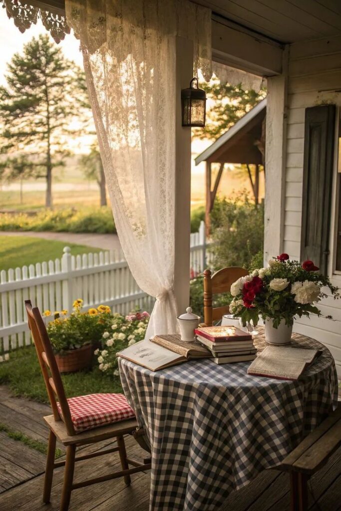 _ - 2025-12-10T134654565 Cozy porch with table, books, flowers, and lace curtains at sunset. Perfect spot for relaxation and reading outdoors. | Sky Rye Design Cozy porch with table, books, flowers, and lace curtains at sunset. Perfect spot for relaxation and reading outdoors.