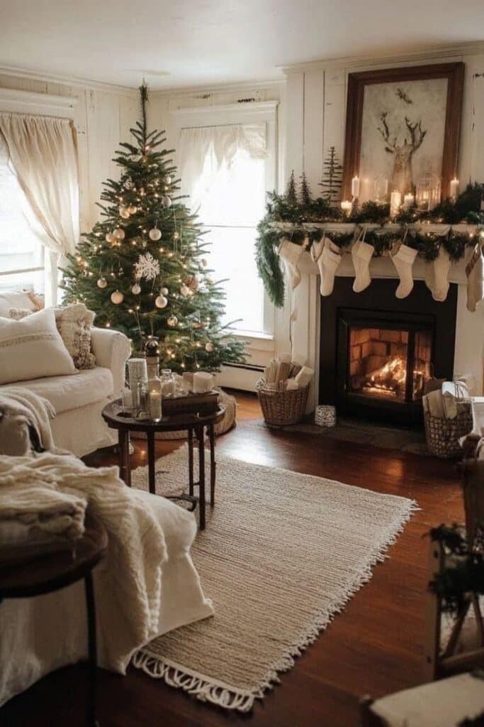_ - 2025-12-10T135055845 Cozy living room with Christmas tree, stockings on the fireplace mantel, candles, and festive decorations for a warm holiday ambiance. | Sky Rye Design Cozy living room with Christmas tree, stockings on the fireplace mantel, candles, and festive decorations for a warm holiday ambiance.
