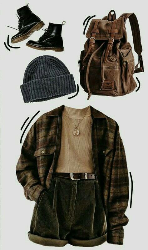 Casual fall outfit with plaid jacket, beige sweater, corduroy shorts, black boots, knit beanie, and brown backpack for a cozy look.