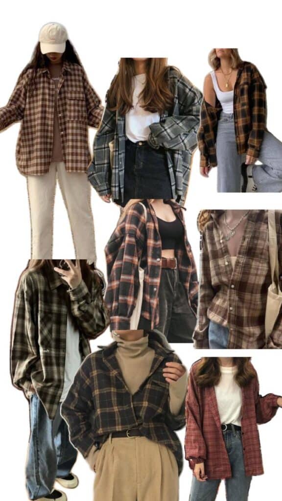 Collage of fashionable plaid and checkered flannel shirts styled with casual outfits, showcasing trendy fall fashion for women.