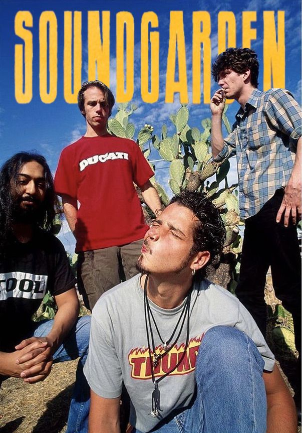 Band posing in front of cacti under a bright sky, wearing casual shirts. Soundgarden text in yellow above.