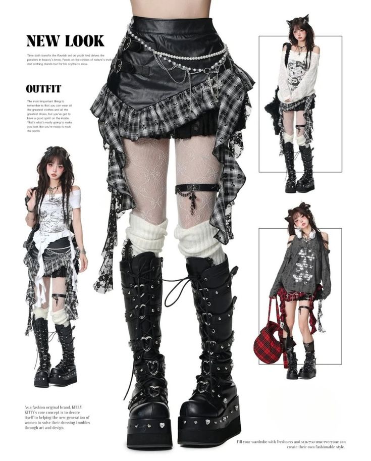 Edgy Japanese fashion outfit with plaid skirt, lace leggings, platform boots, and accessories. Bold and trendy street style.