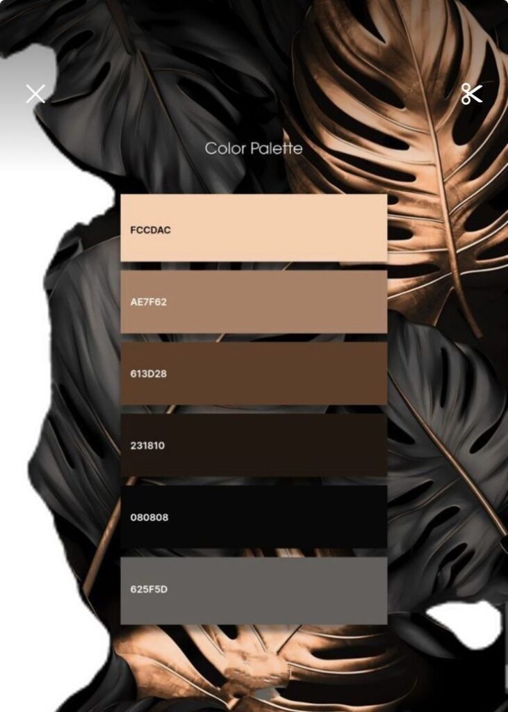 Elegant color palette with bronze and black shades on Monstera leaf background. Hex codes: FCCDAC, AE7F62, 613D28, 231810, 080808, 625F5D.