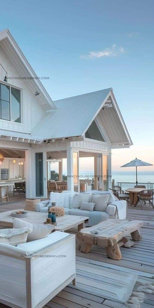 Cozy beach house patio with white furniture and ocean view, perfect for relaxing and enjoying the sunset in a serene coastal setting.