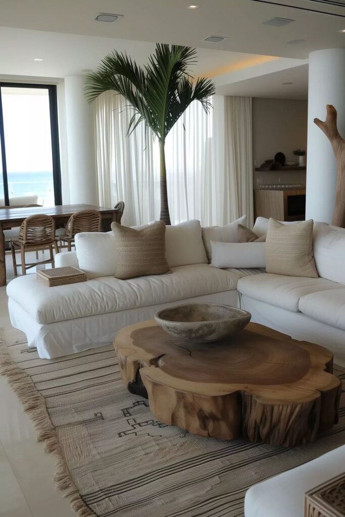 Modern coastal living room with white sofa, rustic wood coffee table, indoor palm, and ocean view. Relaxing and stylish decor.