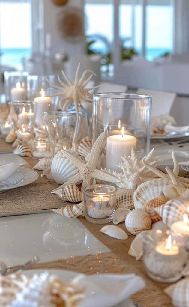 Elegant coastal table setting with candles, seashells, and starfish. Beach-themed decor for a serene and stylish dining experience.