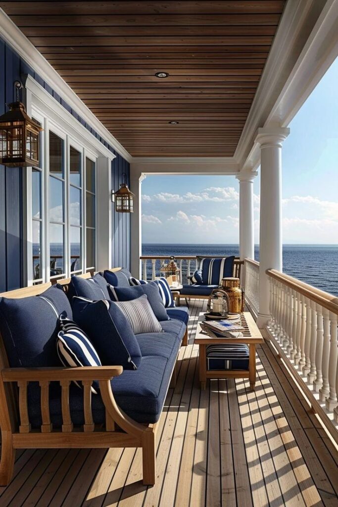 Elegant oceanfront porch with navy cushions, wooden furniture, and coastal view under a wood ceiling, perfect for relaxing.