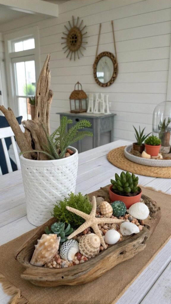 Coastal-themed decor with succulents and seashells on a driftwood tray in a white, sunlit room with nautical accents.