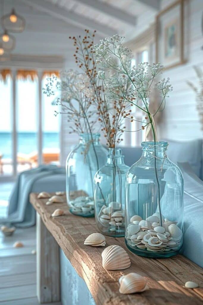 Coastal decor with seashells in glass jars on a wooden table, set against a serene beach house interior.