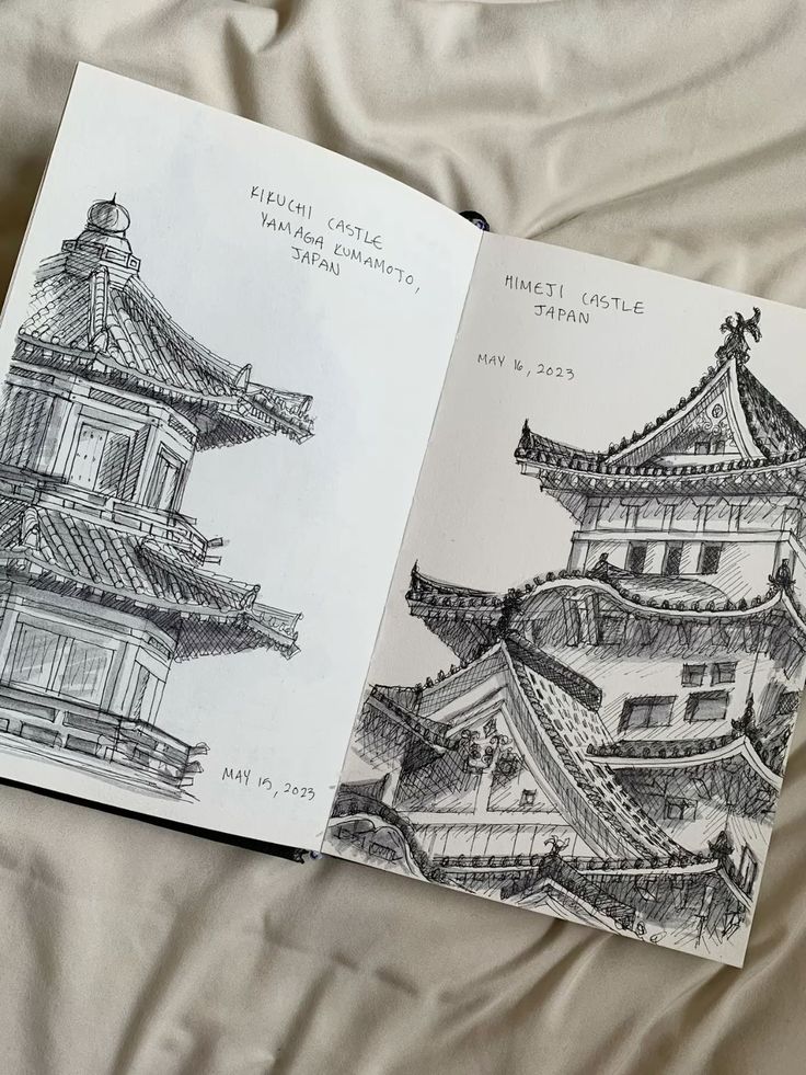 _ - 2025-12-12T003522947 Sketches of Kikuchi Castle and Himeji Castle in Japan, drawn in black and white with intricate architectural details, dated May 2023. | Sky Rye Design Sketches of Kikuchi Castle and Himeji Castle in Japan, drawn in black and white with intricate architectural details, dated May 2023.