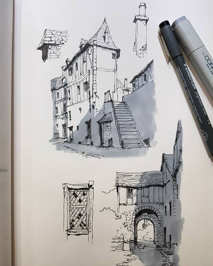 _ - 2025-12-12T004902625 Sketches of vintage buildings with architectural details, grayscale, alongside drawing pens on paper. | Sky Rye Design Sketches of vintage buildings with architectural details, grayscale, alongside drawing pens on paper.