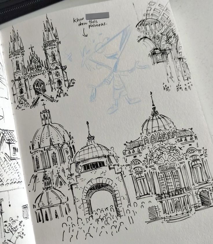 _ - 2025-12-12T011620414 Sketchbook page featuring intricate architectural drawings and a light pencil sketch of a cartoon character with playful note. | Sky Rye Design Sketchbook page featuring intricate architectural drawings and a light pencil sketch of a cartoon character with playful note.