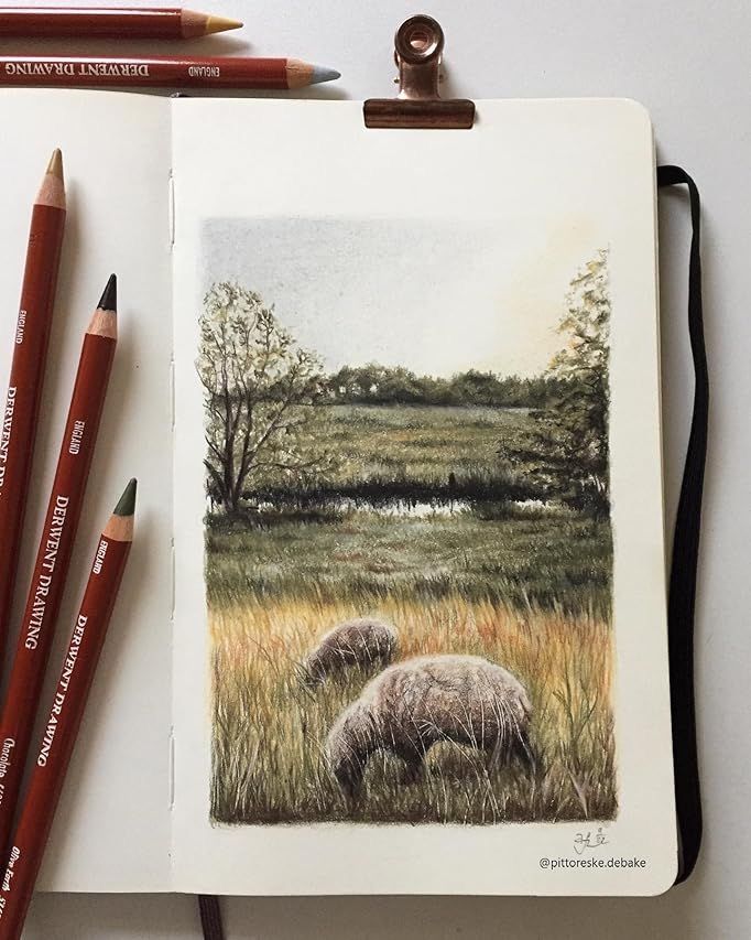 _ - 2025-12-12T162230691 Colored pencil drawing of a serene meadow scene with sheep grazing, surrounded by trees, displayed in an open sketchbook with pencils. | Sky Rye Design Colored pencil drawing of a serene meadow scene with sheep grazing, surrounded by trees, displayed in an open sketchbook with pencils.
