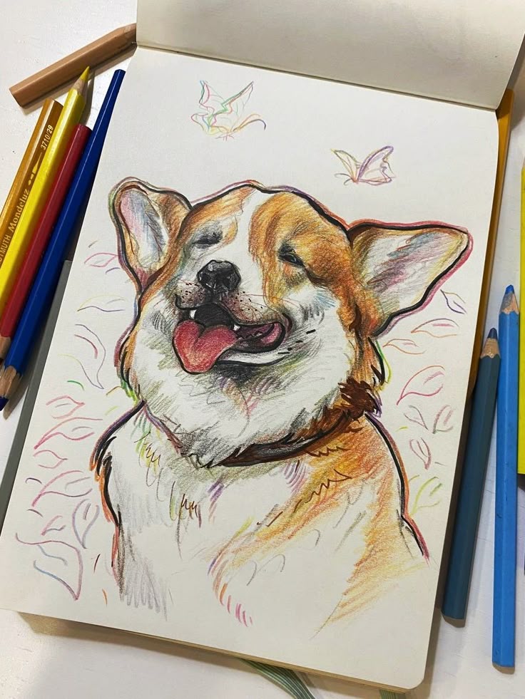 _ - 2025-12-12T163110390 Colorful pencil sketch of a happy dog with open mouth in a notebook, surrounded by drawing tools and abstract butterflies. | Sky Rye Design Colorful pencil sketch of a happy dog with open mouth in a notebook, surrounded by drawing tools and abstract butterflies. Colored Pencils Drawing