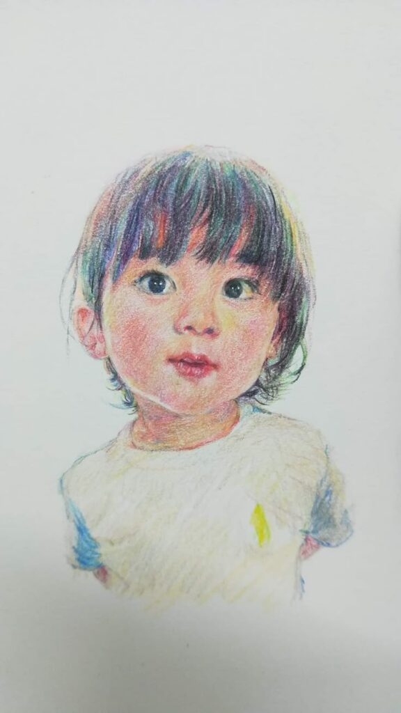 _ - 2025-12-12T164112284 Colorful pencil drawing of a young child with dark hair and big eyes, wearing a simple shirt against a white background. | Sky Rye Design Colorful pencil drawing of a young child with dark hair and big eyes, wearing a simple shirt against a white background.