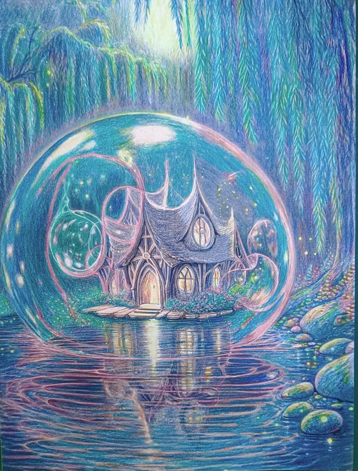 _ - 2025-12-12T165438814 Enchanting fairy-tale house inside a glowing bubble by a serene lake, surrounded by lush forest, creating a magical atmosphere. | Sky Rye Design Enchanting fairy-tale house inside a glowing bubble by a serene lake, surrounded by lush forest, creating a magical atmosphere.