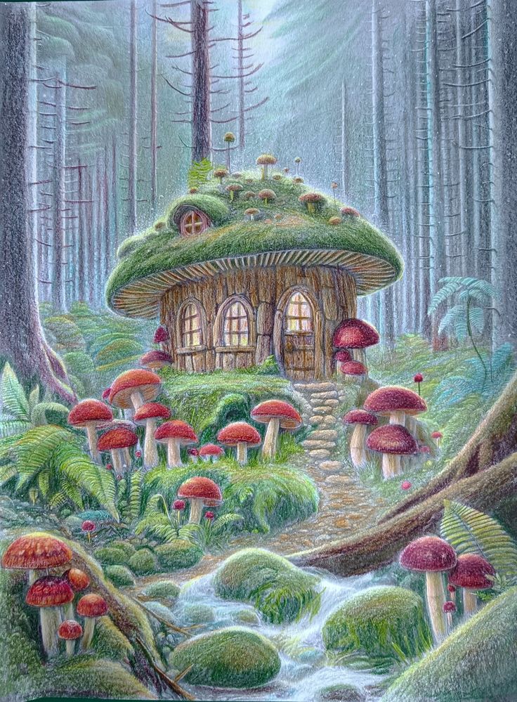 _ - 2025-12-12T165447081 Whimsical forest scene with a mushroom-covered fairy house, red mushrooms, lush greenery, and a tranquil stream. Magical woodland fantasy. | Sky Rye Design Whimsical forest scene with a mushroom-covered fairy house, red mushrooms, lush greenery, and a tranquil stream. Magical woodland fantasy.