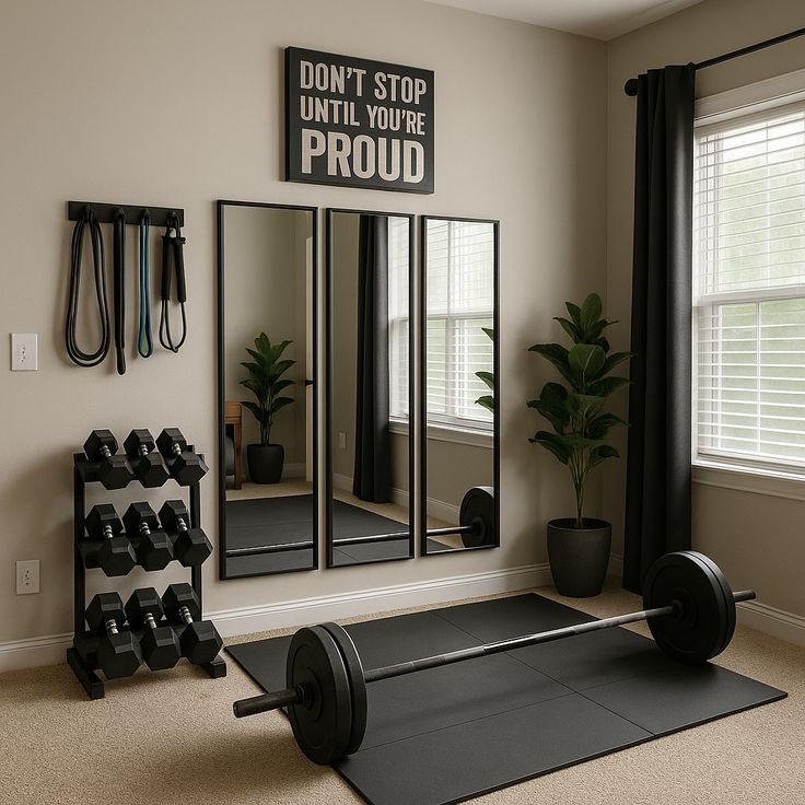 _ - 2025-12-16T184241682 Home gym with motivational quote, dumbbells, barbell, mirrors, and plants. Stylish exercise space with natural light and equipment. | Sky Rye Design Home gym with motivational quote, dumbbells, barbell, mirrors, and plants. Stylish exercise space with natural light and equipment.