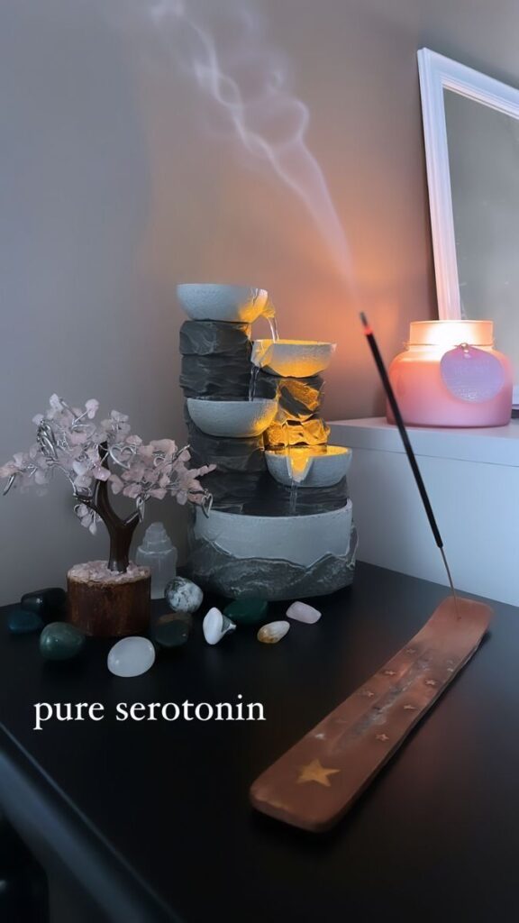 _ - 2025-12-16T231844148 Calming zen setup with incense, cascading tabletop fountain, crystals, and ambient candlelight for relaxation vibes. | Sky Rye Design Calming zen setup with incense, cascading tabletop fountain, crystals, and ambient candlelight for relaxation vibes.