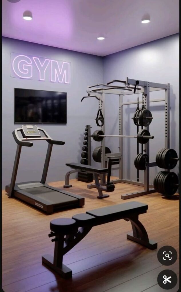 _ - 2025-12-16T232147663 Modern home gym with treadmill, weight bench, squat rack, and weights under purple lighting. Perfect for fitness and workout routines. | Sky Rye Design Modern home gym with treadmill, weight bench, squat rack, and weights under purple lighting. Perfect for fitness and workout routines.