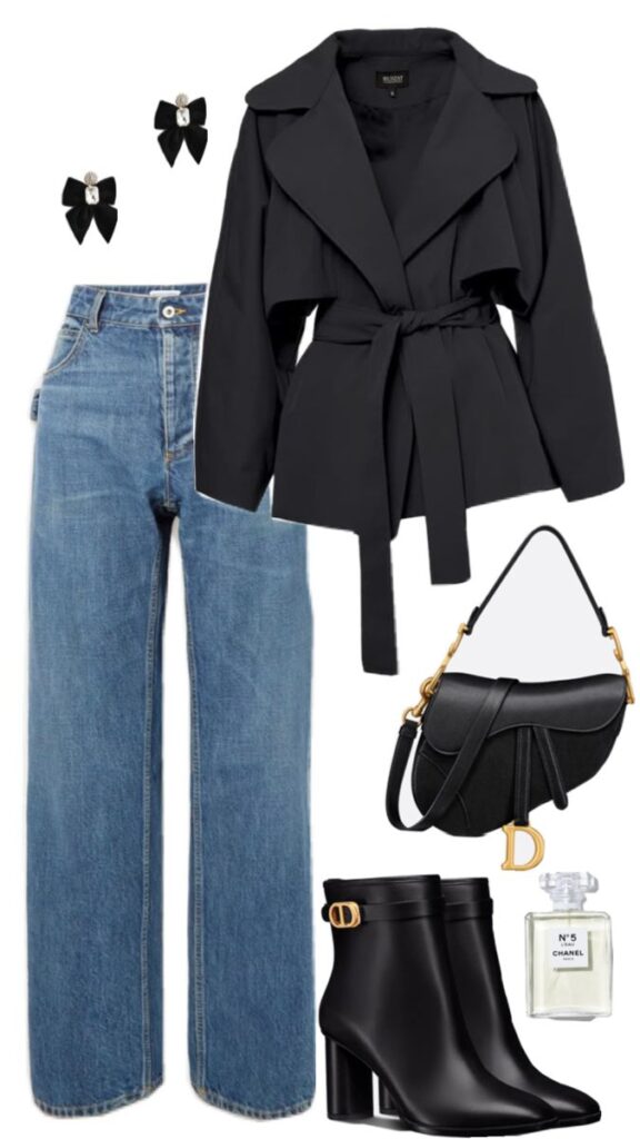 _ - 2025-12-28T121909015 Trendy outfit featuring black wrap coat, blue wide-leg jeans, black ankle boots, matching handbag, bow earrings, and Chanel perfume. | Sky Rye Design Trendy outfit featuring black wrap coat, blue wide-leg jeans, black ankle boots, matching handbag, bow earrings, and Chanel perfume.