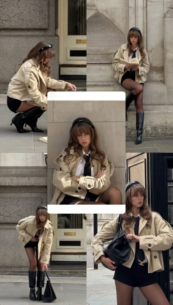 _ - 2025-12-28T123010725 Fashion-forward woman in chic outfit: beige trench coat, black boots, black shorts, white shirt, posing stylishly on city sidewalk. | Sky Rye Design Fashion-forward woman in chic outfit: beige trench coat, black boots, black shorts, white shirt, posing stylishly on city sidewalk.