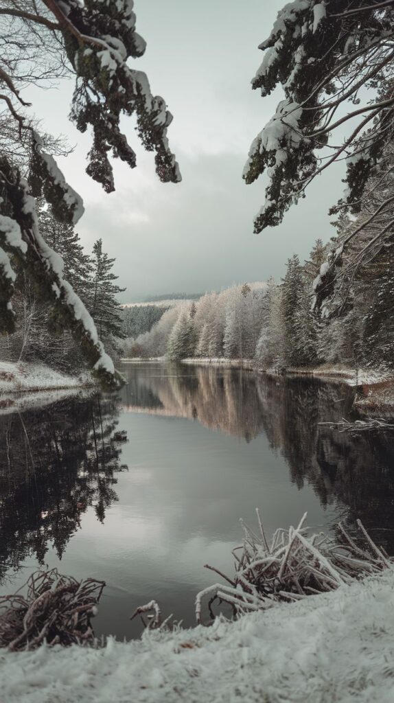 _ - 2025-12-28T134407827 Snow-covered trees and a serene river reflect a winter landscape, framed by frosted branches under an overcast sky. | Sky Rye Design Snow-covered trees and a serene river reflect a winter landscape, framed by frosted branches under an overcast sky.