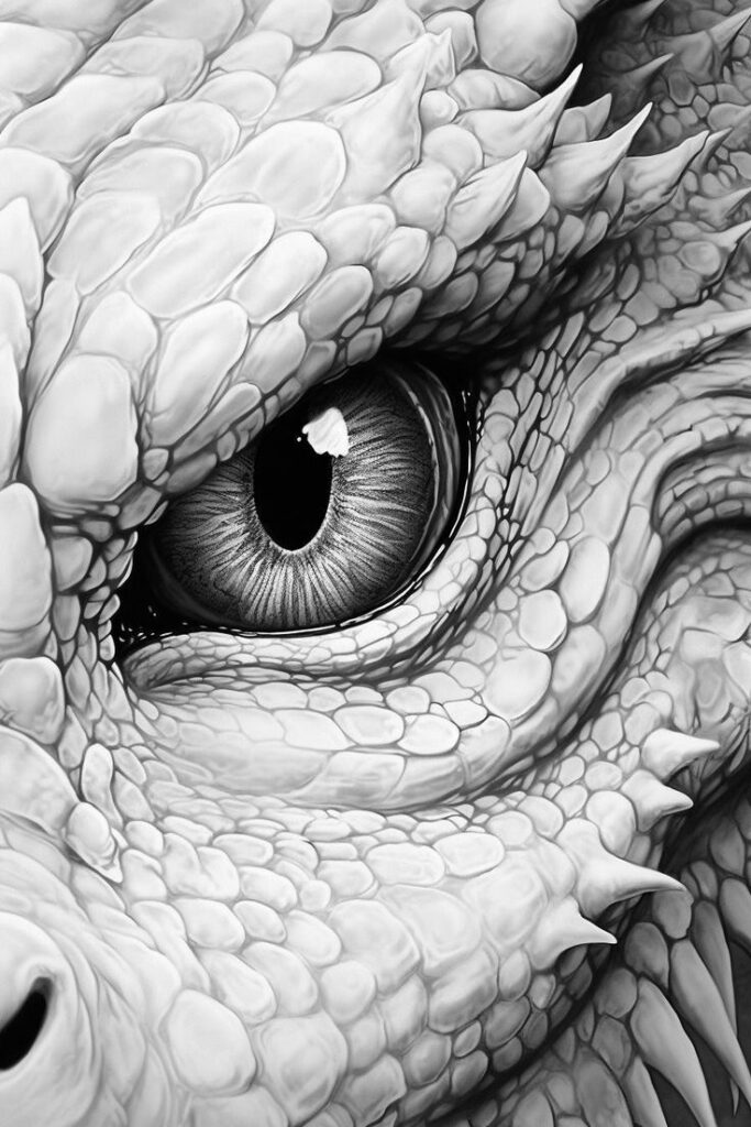 _ - 2025-12-28T151546654 Close-up of a dragon's eye and textured scales, showcasing intricate details in black and white. Fantasy creature illustration. | Sky Rye Design Close-up of a dragon's eye and textured scales, showcasing intricate details in black and white. Fantasy creature illustration.