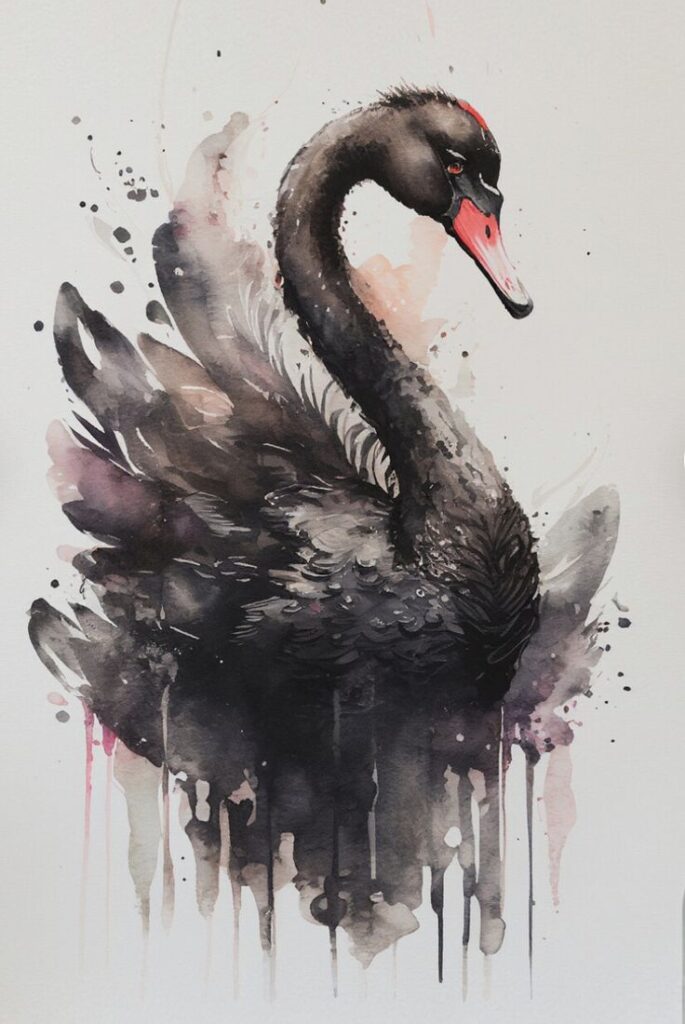 _ - 2025-12-28T163250741 Watercolor painting of a black swan with a vibrant red beak, surrounded by splashes and drips, creating a dynamic and artistic effect. | Sky Rye Design Watercolor painting of a black swan with a vibrant red beak, surrounded by splashes and drips, creating a dynamic and artistic effect.