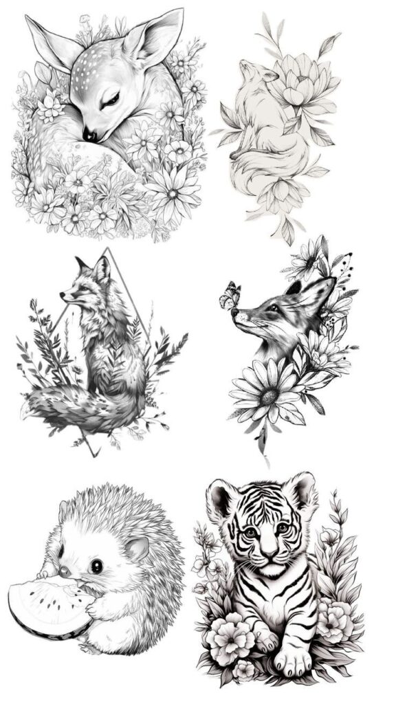 _ - 2025-12-30T113246878 Black and white illustrations: deer, fox, and tiger cub among flowers, a hedgehog with watermelon, and a fox with leaves and a butterfly. | Sky Rye Design Black and white illustrations: deer, fox, and tiger cub among flowers, a hedgehog with watermelon, and a fox with leaves and a butterfly.