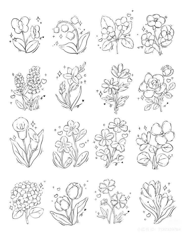 _ - 2025-12-30T113448870 Black and white floral line drawings depicting various flower species in a grid, with decorative sparkles and hearts. Perfect for design inspiration. | Sky Rye Design Black and white floral line drawings depicting various flower species in a grid, with decorative sparkles and hearts. Perfect for design inspiration.