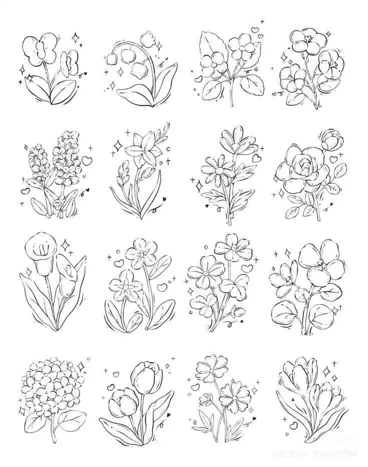 Black and white floral line drawings depicting various flower species in a grid, with decorative sparkles and hearts. Perfect for design inspiration.
