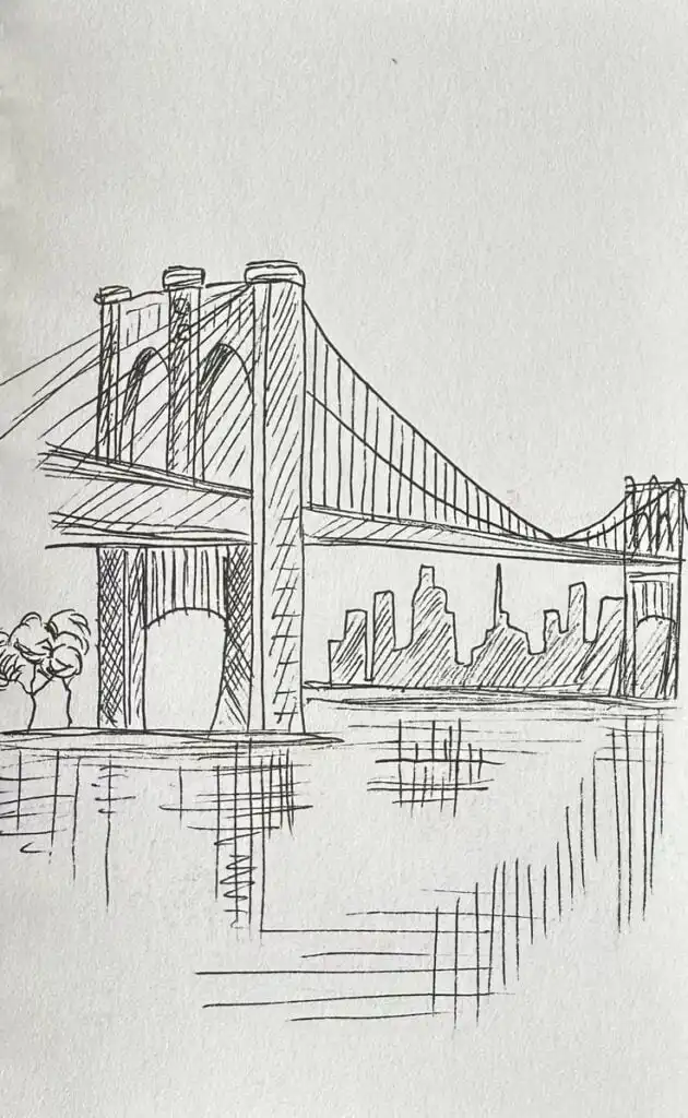 Ink sketch of a suspension bridge and cityscape with water reflections, capturing iconic urban architecture and serene river view.