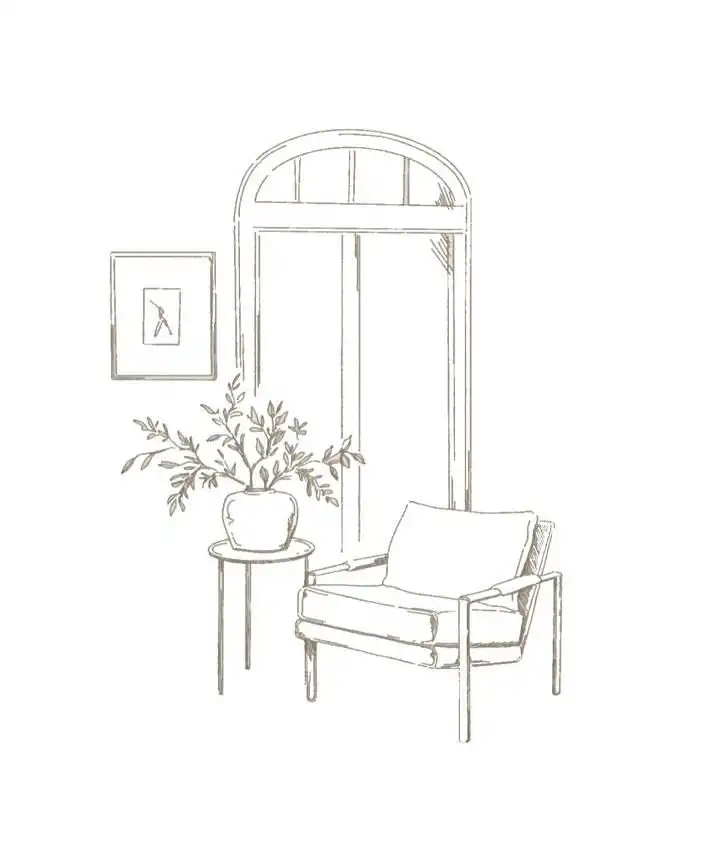 Minimalist sketch of a cozy corner with an armchair, potted plant on a table, and tall window, creating a serene interior atmosphere.
