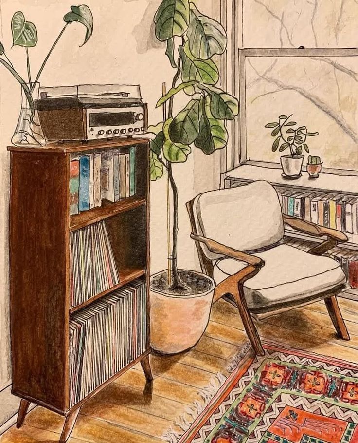 _ - 2025-12-30T114054166 Cozy vintage room with a record player, books, armchair, and fiddle leaf fig plant, creating a warm and inviting atmosphere. | Sky Rye Design Cozy vintage room with a record player, books, armchair, and fiddle leaf fig plant, creating a warm and inviting atmosphere.
