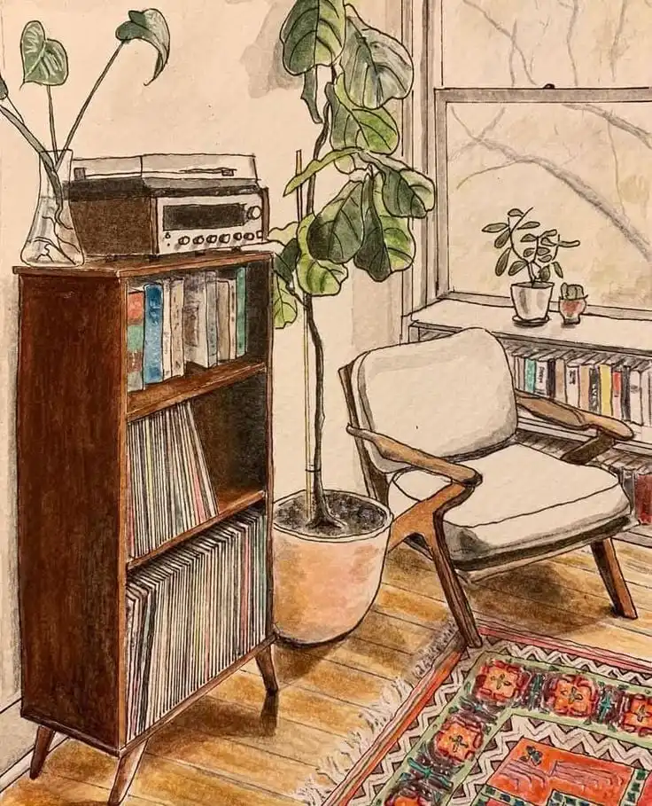 Cozy vintage room with a record player, books, armchair, and fiddle leaf fig plant, creating a warm and inviting atmosphere.