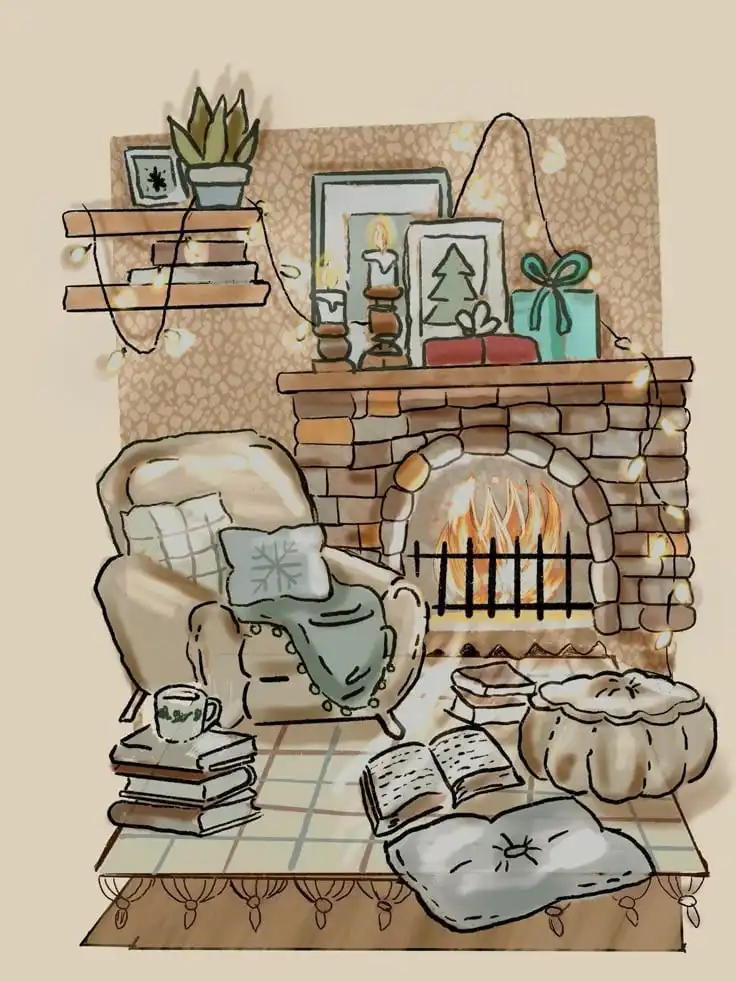 Cozy living room with a lit fireplace, comfy chair, books, and festive decor creating a warm, inviting winter atmosphere.