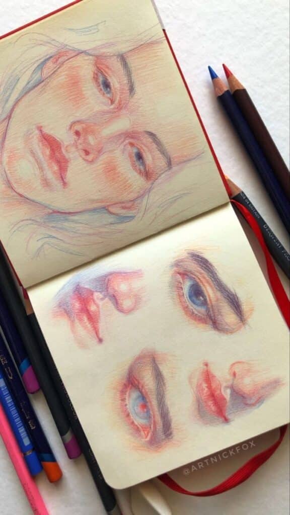 _ - 2025-12-30T115133355 Color pencil drawings of faces in a sketchbook, with vibrant hues and detailed expressions, surrounded by art supplies. | Sky Rye Design Color pencil drawings of faces in a sketchbook, with vibrant hues and detailed expressions, surrounded by art supplies.