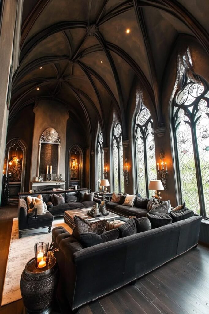 _ - 2025-12-30T130954982 Luxurious gothic-style living room with vaulted ceilings, ornate windows, plush sofas, and ambient lighting. Perfect for elegant gatherings. | Sky Rye Design Luxurious gothic-style living room with vaulted ceilings, ornate windows, plush sofas, and ambient lighting. Perfect for elegant gatherings.