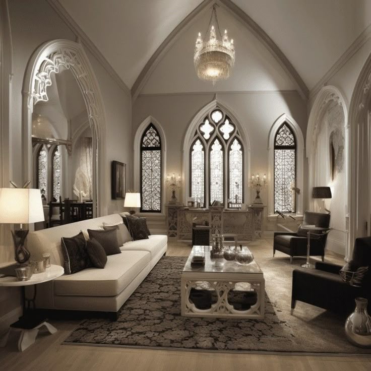 _ - 2025-12-30T131122172 Luxurious Gothic-style living room with elegant decor, stained glass windows, high ceilings, chandelier, and classic furniture. | Sky Rye Design Luxurious Gothic-style living room with elegant decor, stained glass windows, high ceilings, chandelier, and classic furniture.
