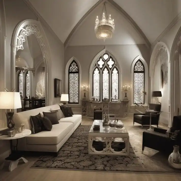 Luxurious Gothic-style living room with elegant decor, stained glass windows, high ceilings, chandelier, and classic furniture.