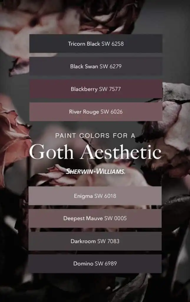Gothic paint color palette from Sherwin-Williams featuring Tricorn Black, Black Swan, Blackberry, and more for a moody aesthetic.