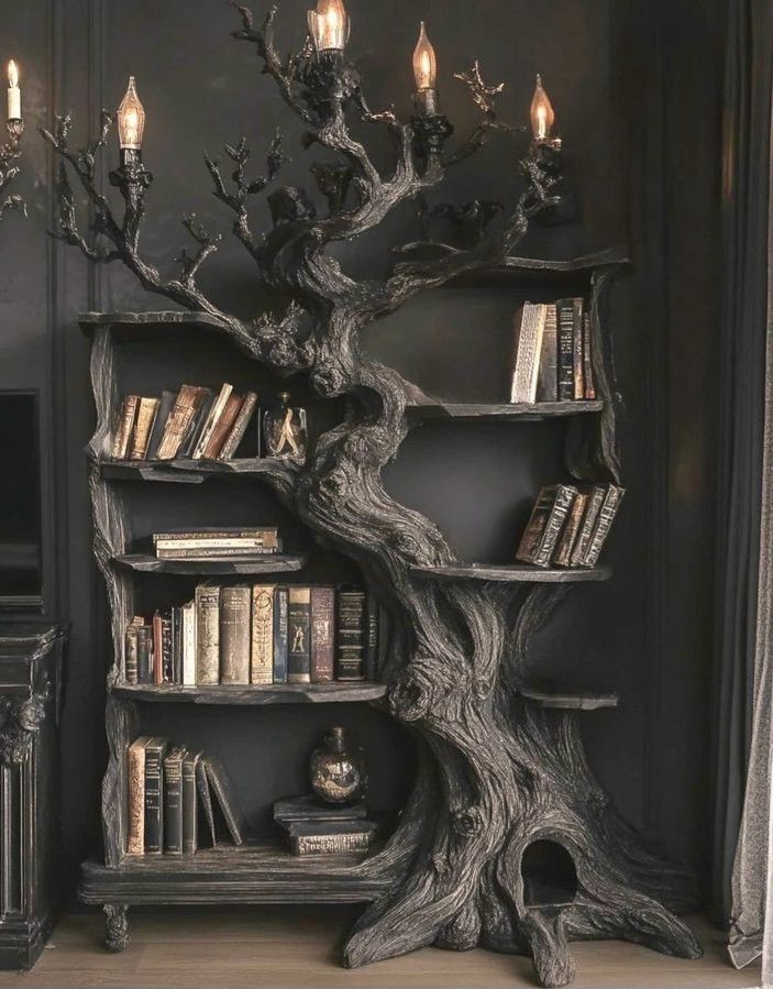 _ - 2025-12-30T131823372 Gothic bookshelf shaped like a twisted tree with lamp-lit branches, filled with vintage books in a dark, elegant room setting. | Sky Rye Design Gothic bookshelf shaped like a twisted tree with lamp-lit branches, filled with vintage books in a dark, elegant room setting.