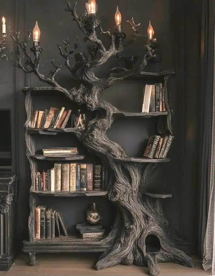 Gothic bookshelf shaped like a twisted tree with lamp-lit branches, filled with vintage books in a dark, elegant room setting.