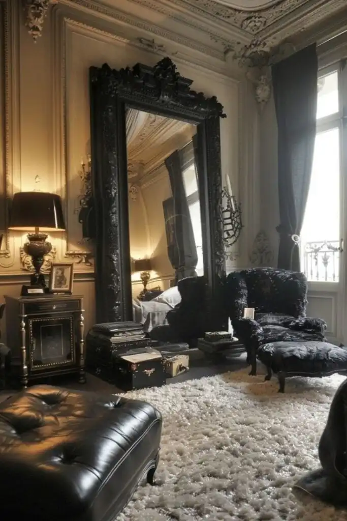 Elegant vintage room with ornate mirror, plush armchair, luxurious carpet, and classic decor elements creating a sophisticated ambiance.