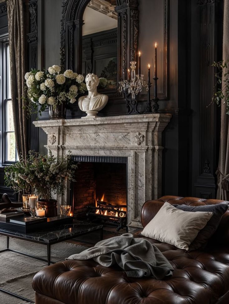 _ - 2025-12-30T131857397 Luxurious living room with fireplace, elegant marble mantel, floral arrangements, candles, and a cozy leather sofa. | Sky Rye Design Luxurious living room with fireplace, elegant marble mantel, floral arrangements, candles, and a cozy leather sofa.