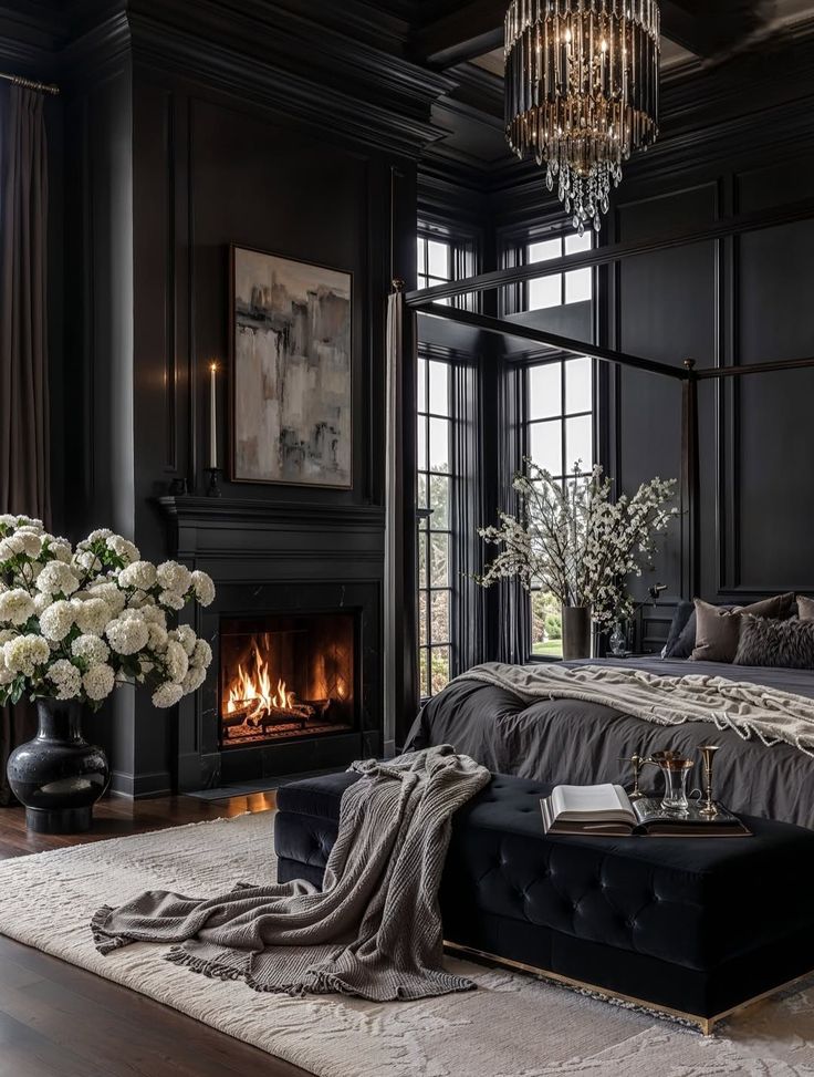 _ - 2025-12-30T131901972 Elegant bedroom with a dark color theme featuring a cozy fireplace, plush bed, chandelier, and floral decor for a luxurious ambiance. | Sky Rye Design Elegant bedroom with a dark color theme featuring a cozy fireplace, plush bed, chandelier, and floral decor for a luxurious ambiance.