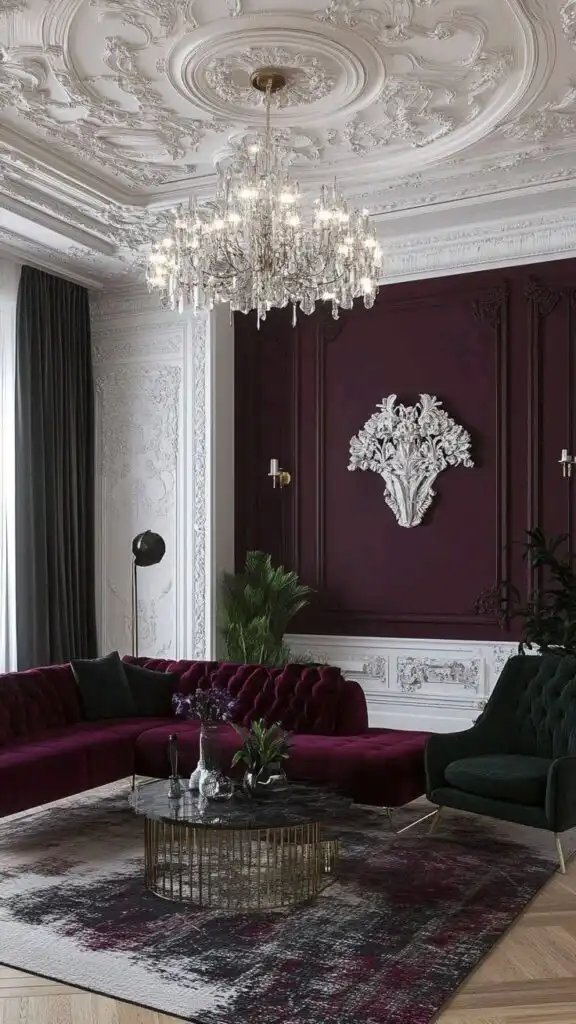 Elegant living room with ornate ceiling, crystal chandelier, dark purple walls, velvet sofa, and modern coffee table. Luxurious interior decor.