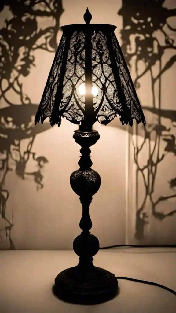 Ornate table lamp with intricate lace lampshade, casting decorative shadows on the wall. Elegant interior decor lighting.